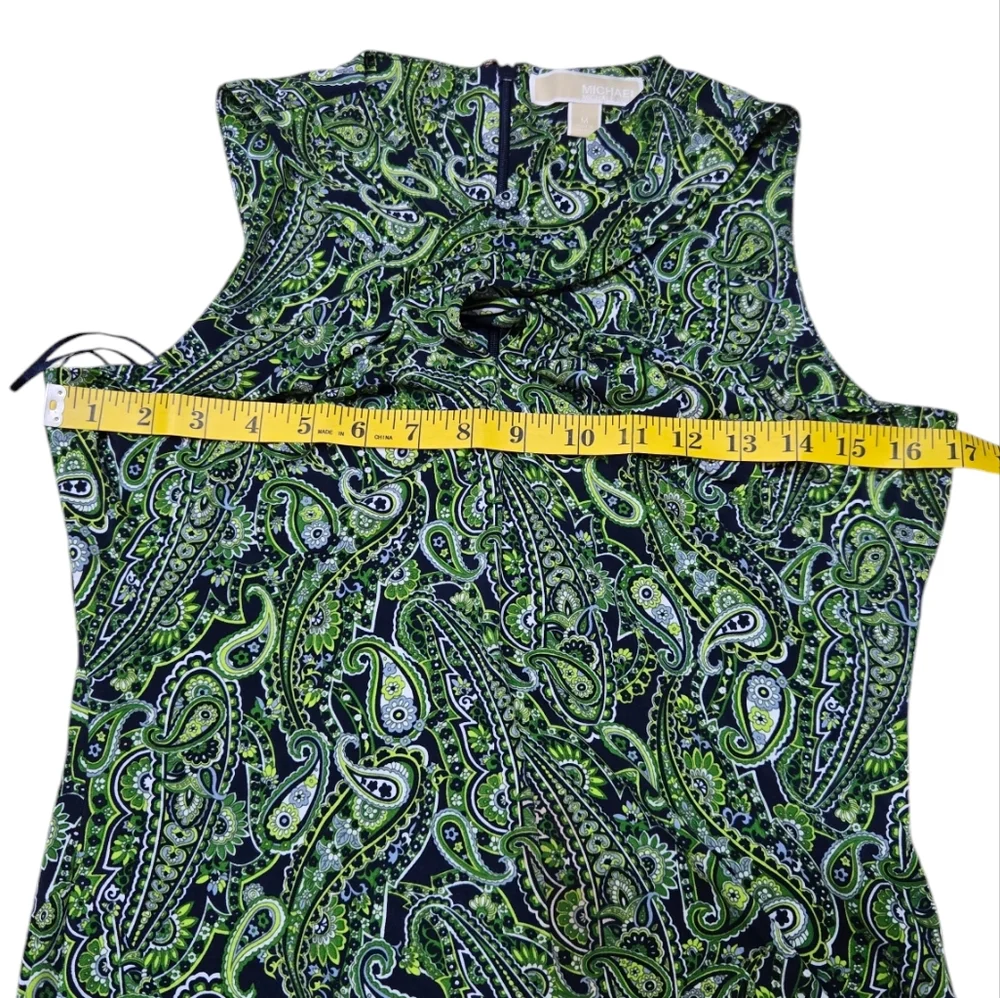 Michael Kors Halter Flare Green Paisley Crossover Neck Stretch Dress M